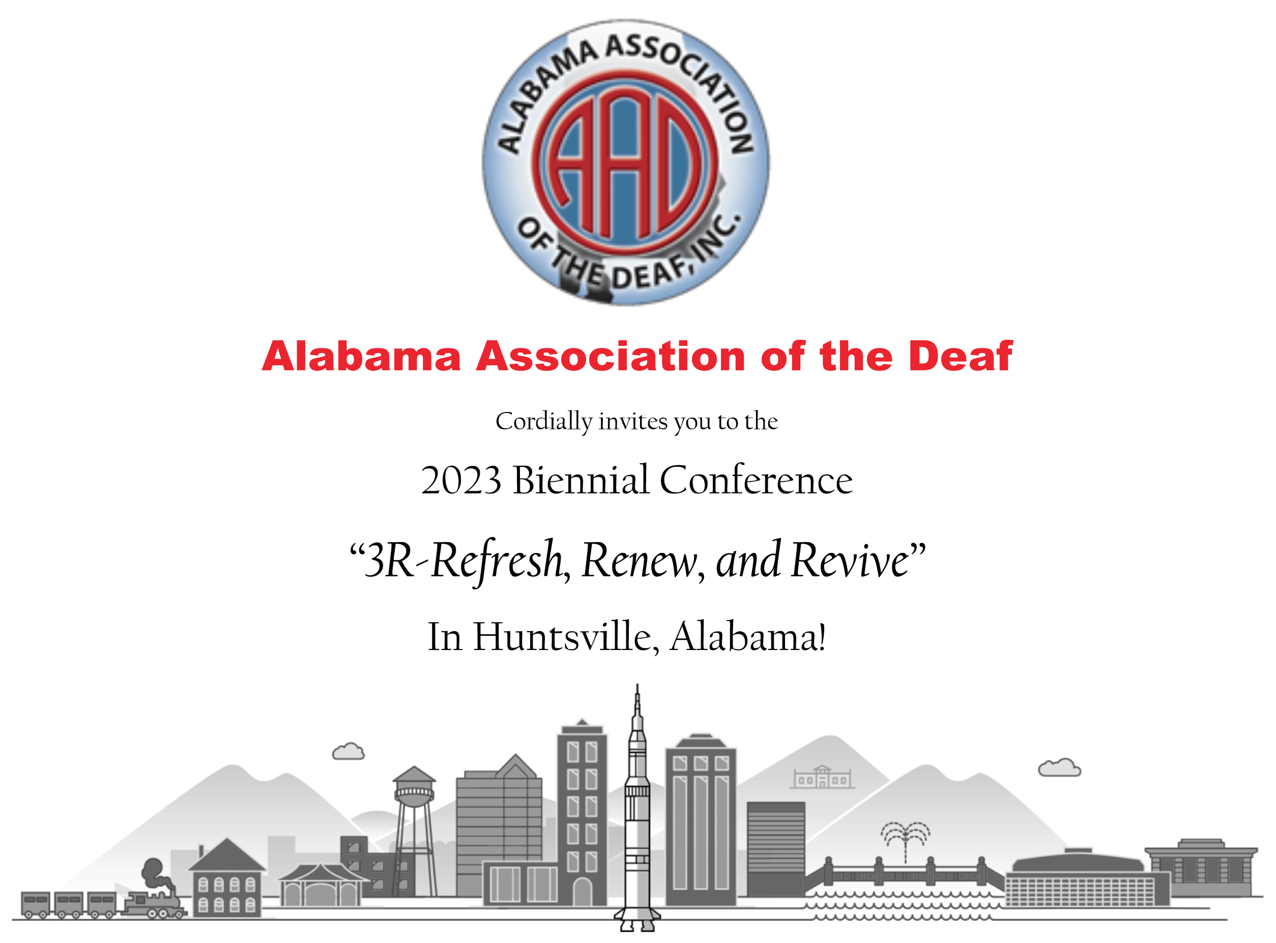 Alabama Association of the Deaf 2023 Conference Flyer with clipart type of Huntsville